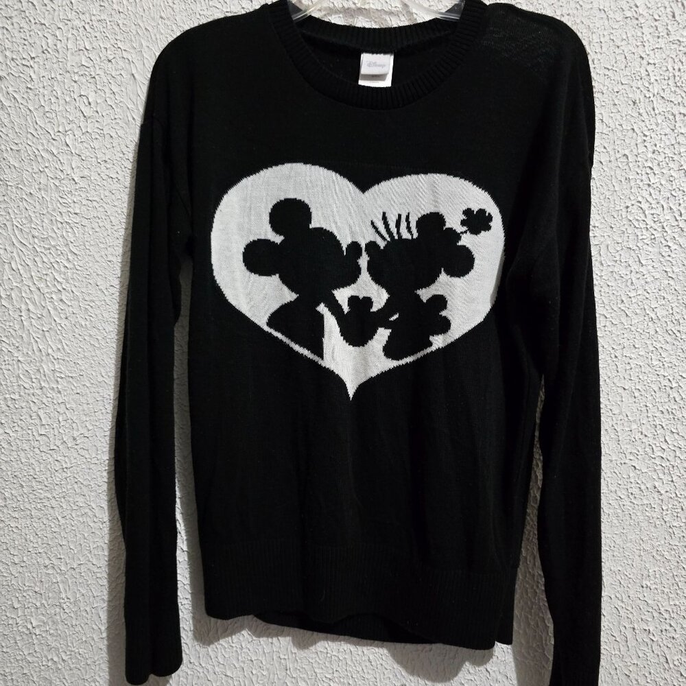 Disney Black Sweater size L With Mickey & Minnie Mouse Heart Design Acrylic